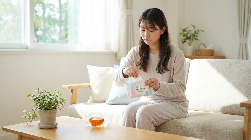 デリケートゾーン専用ウェットシートで拭くイメージ写真